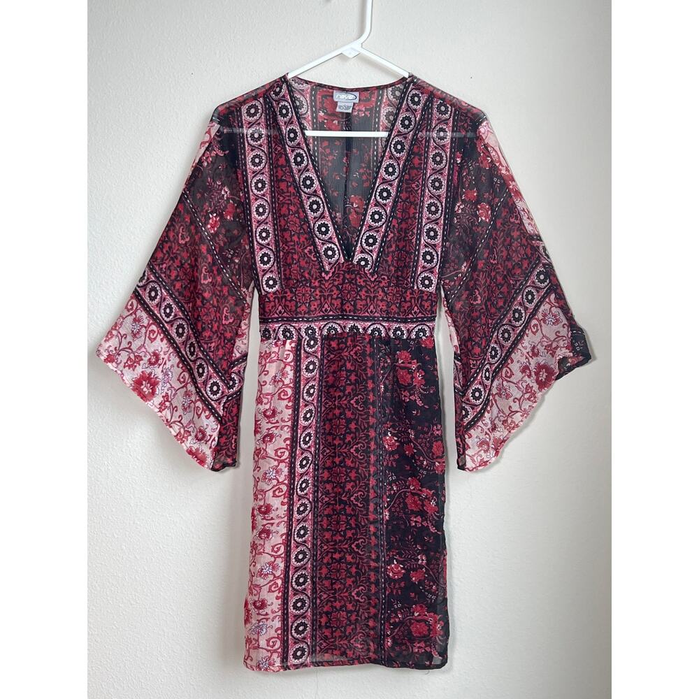 VTG Rave Sheer Mesh Boho Dress | Beaded Empire Waist | Bell Sleeve | Y2K LG
